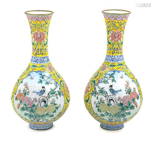 A Pair of Chines Canton Painted Enamel Vases Height 17