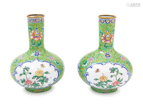 A Pair of Chinese Canton Enamel on Copper Bottle Vases