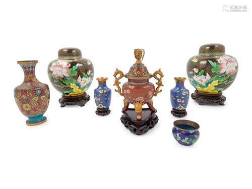 Eight Chinese Cloisonne Enamel Articles Height of