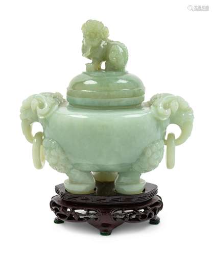 A Chinese Pale Celadon Jade Tripod Incense Burner