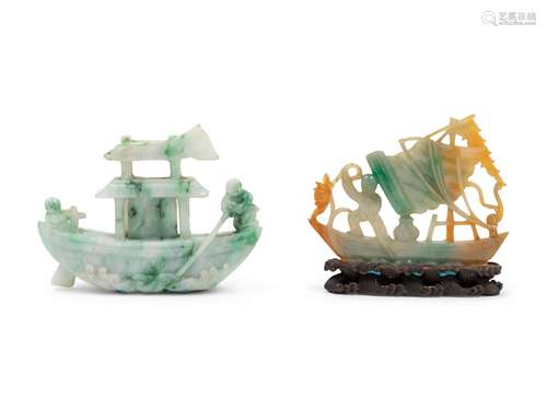 Two Chinese Jadeite Carvings of Boats  Length of longer