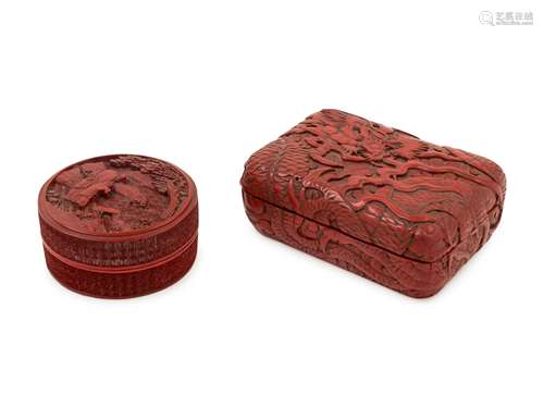 Two Chinese Carved Red Lacquer Covered Boxes Larger: