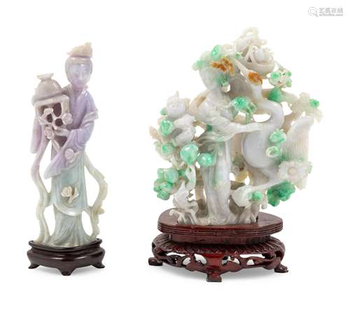 Two Chinese Green and White Jadeite Carvings  Height of