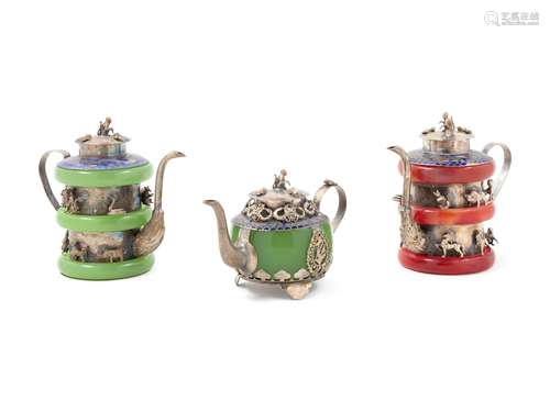 Three Chinese Cloissone Enamel Teapots Height of