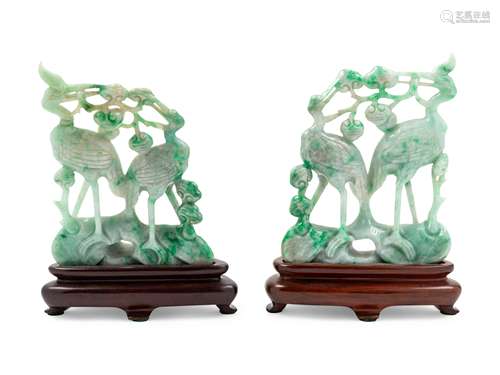 A Pair of Chinese Green and Celadon Jadeite Figural