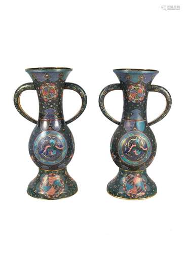 A Large Pair of Japanese Cloisonne Enamel Vases Height