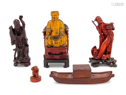 Five Chinese Wood Carvings Height of tallest 9 in., 23