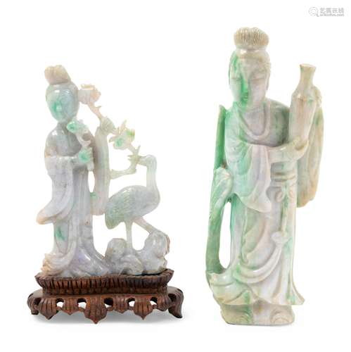 Two Chinese Apple Green and White Jadeite Figures of