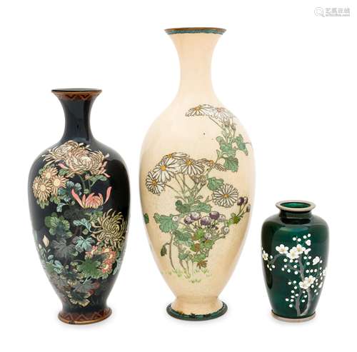 Three Japanese Cloisonne Vases Height of tallest 11 3/4