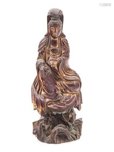 A Chinese Gilt Decorated Wood Guanyin Height 12 in., 30