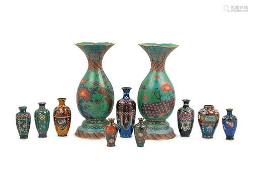 Eleven Japanese Cloisonne Enamel Vases Height of