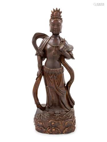 A Chinese Carved Wood Figure of Guanyin Height 17 in.,