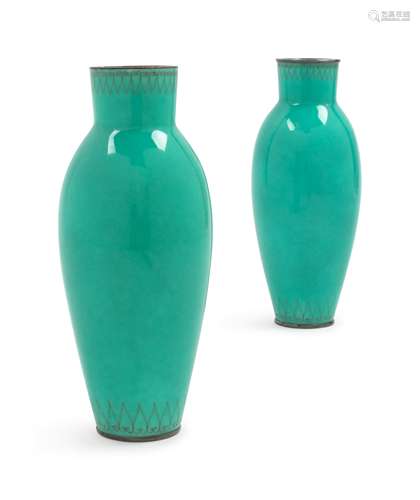 A Pair of Japanese Monochrome Jade Green Enameled and