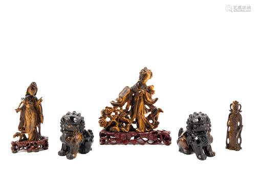 Five Chinese Tiger's Eye Stone Figures Height of