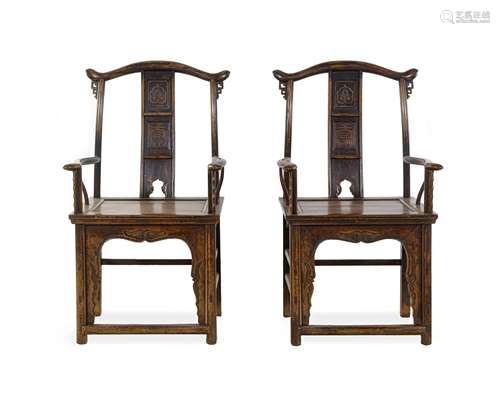 A Pair of Chinese Elmwood Yokeback Chairs Height 43 1