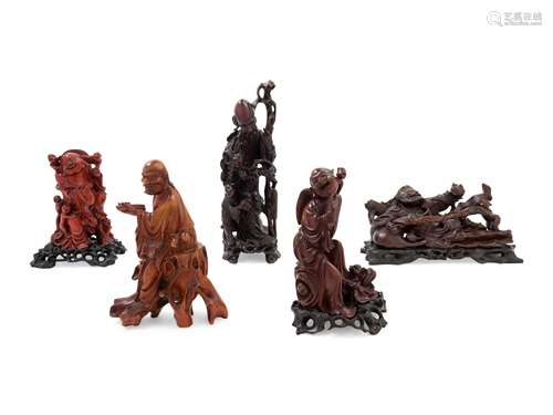 Five Chinese Hardwood Figures Height of tallest 14 in,