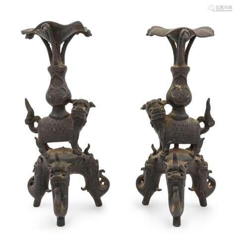 A Pair of Japanese Bronze Mythical Beast-Form Candle