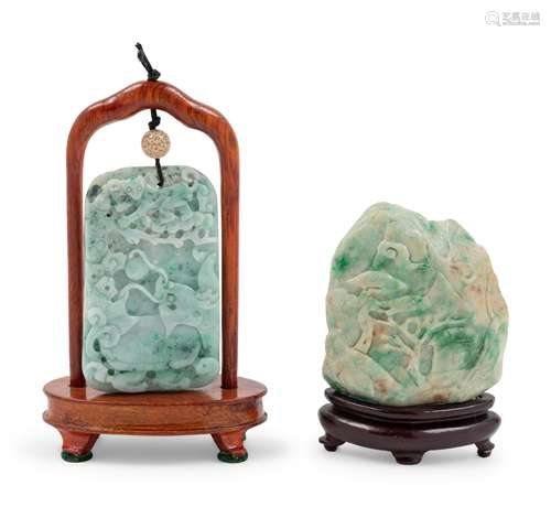 Two Chinese Green Jadeite Carvings  Height of taller