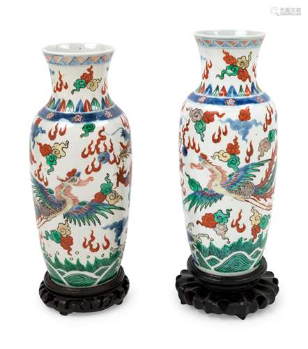 A Pair of Chinese Wucai Porcelain Vases Height 10 1/4