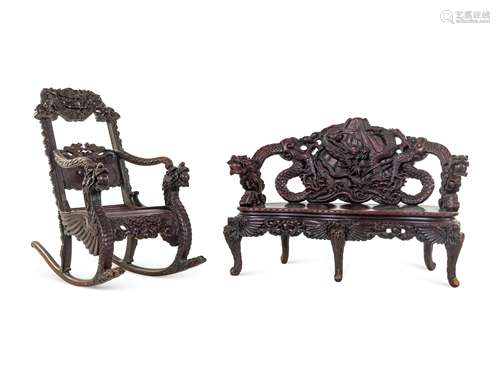 Two Chinese Export Carved Hardwood Armchairs Height of