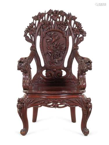 A Chinese Export Carved Hardwood Armchair