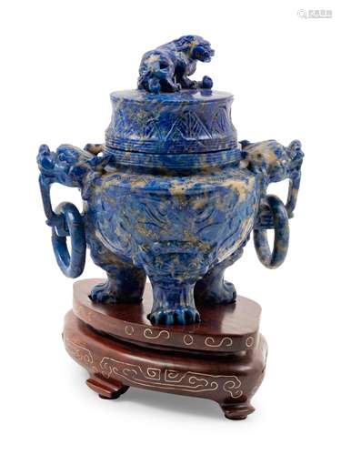 A Chinese Lapiz Lazuli Tripod Incense Burner Height 5