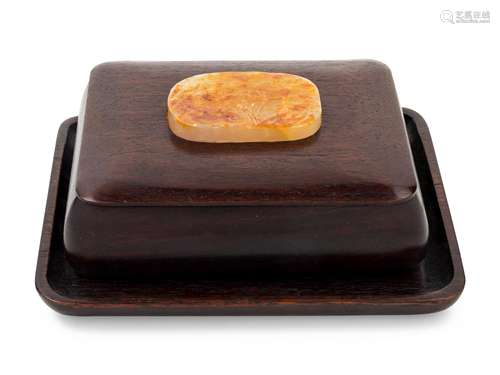 A Chinese Jade Inset Hardwood Box and Tray Length