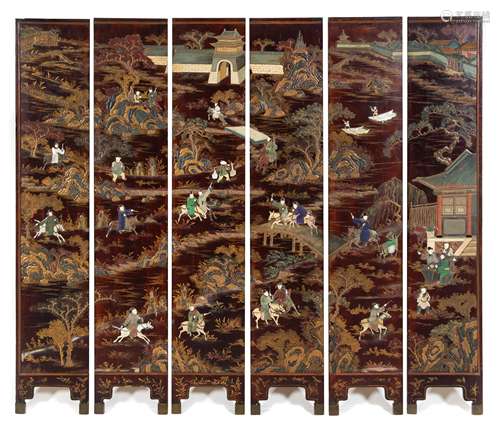 A Hardstone Inset Brown Lacquered Six-Fold Floor Screen