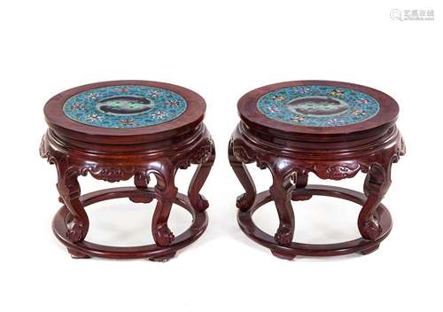 A Pair of Cloisonne Enamel Inset Hardwood Stools Height