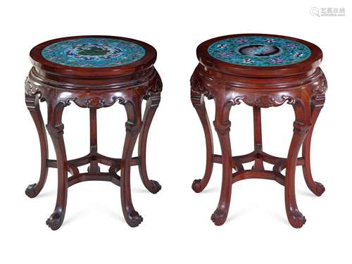 A Pair of Chinese Cloisonne Inset Hardwood Stools