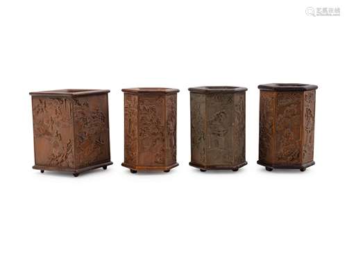 Four Chinese Carved Hardwood Brush Pots, Bitong Height