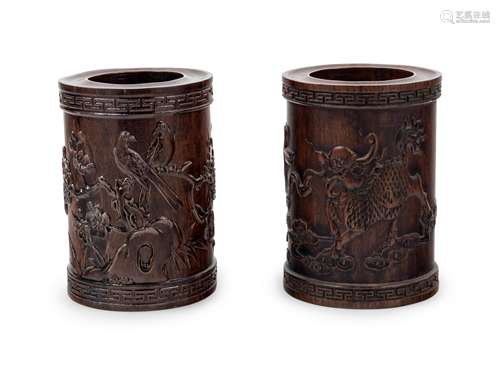 Two Chinese Carved Hardwood Brush Pots, Bitong Height