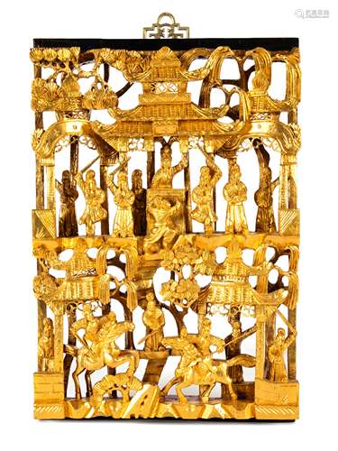 Six Chinese Gilt Wood Panels Length of largest 26 x 9