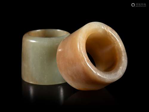 Two Chinese Green Jade Archer's Rings Int. diam of