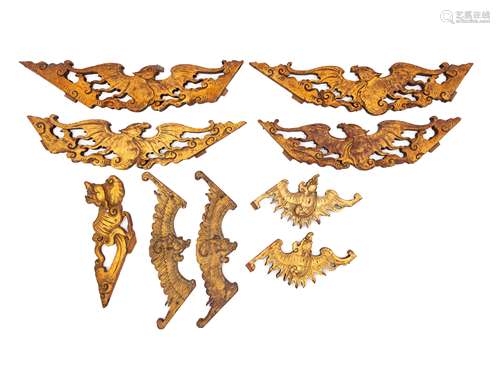 Nine Chinese Gilt Lacquered Wood Bat-Form Panels