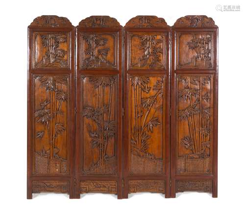 A Chinese Carved Hardwood Four-Panel Screen Each: