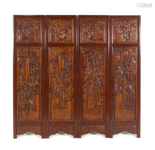 A Chinese Carved Hardwood Four-Panel Screen Each: