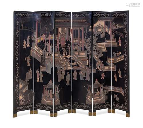 A Chinese Six-Panel Coromandel Polychrome Lacquered