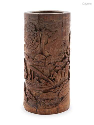 A Chinese Carved Bamboo Brushpot, Bitong Height 4 2/3