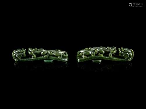 A Pair of Chinese Spinach Jade Belt Hooks  Length 5