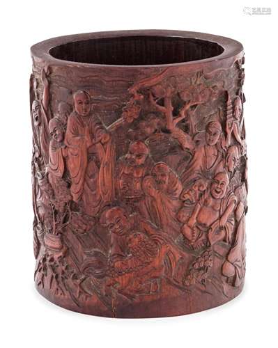 A Chinese Carved Bamboo Brush Pot Height 6 1/2 inches,