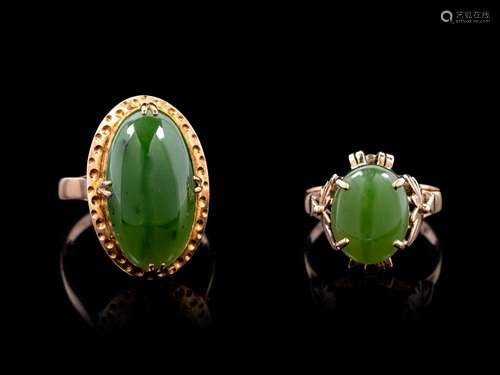 Two Chinese Spinach Jade and 18K Yellow Gold Mounted