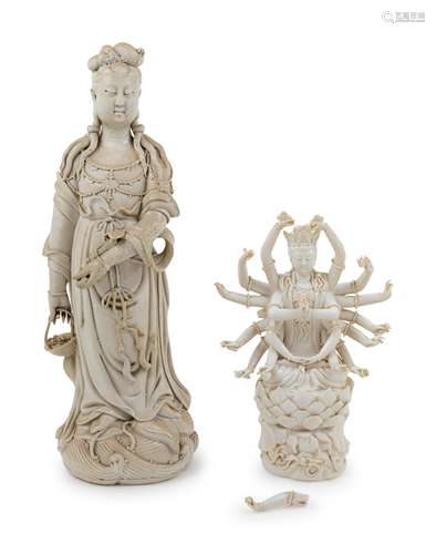 Two Chinese Blanc-de-Chine Porcelain Figures of Guanyin