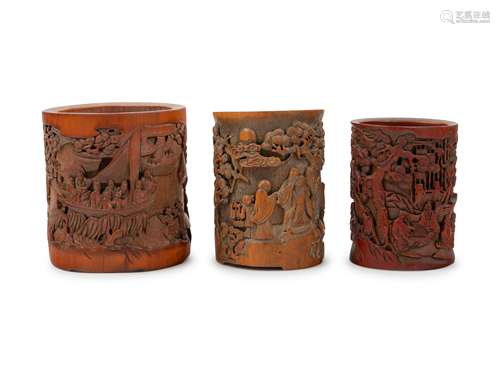 Three Chinese Bamboo Brush Pots, Bitong Height of