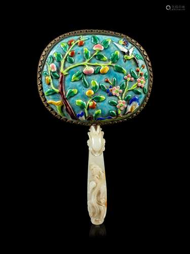 A Chinese Jade Inset Enameled Hand Mirror Length 7 3/4