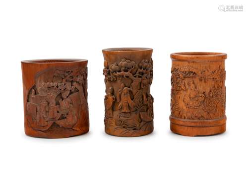 Three Chinese Bamboo Brush Pots, Bitong Height of