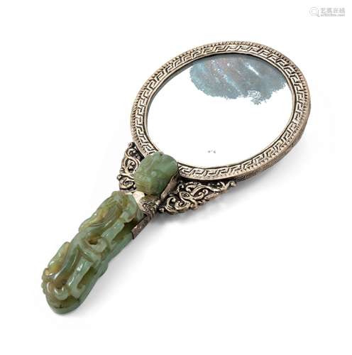 A Chinese Jade and Hardstone Inset Mirror Length 9 in.,