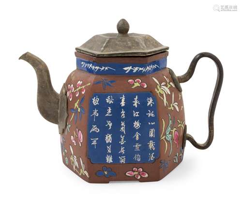 A Chinese Painted Yixing Pottery Covered Teapot Height