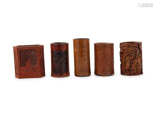 Five Chinese Bamboo Brush Pots, Bitong Height of larger