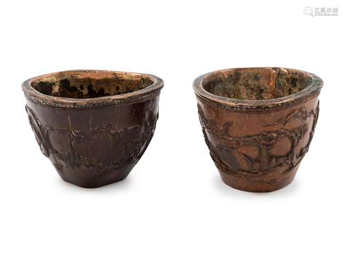 A Pair of Chinese Silver Inlaid Carved Bamboo Cups